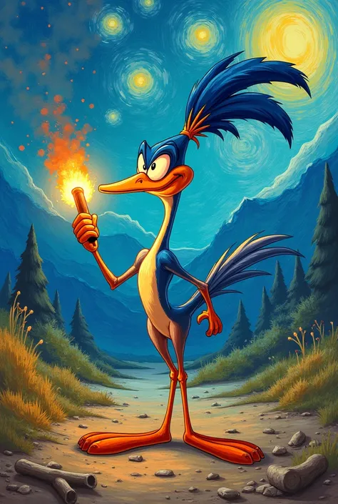 The Road Runner Lighting Dynamite with Van Gogh Background