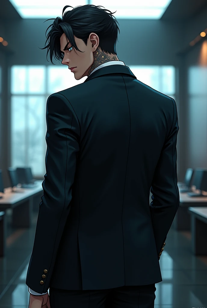 man ,   of black hair  ,  Mafia dress   ,  full body tattoo  ,  Theme behind the work office,  themed anime  