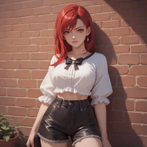 1 girl, red hair, red eyes, front, black shorts, wall, red long-sleeved blouse.