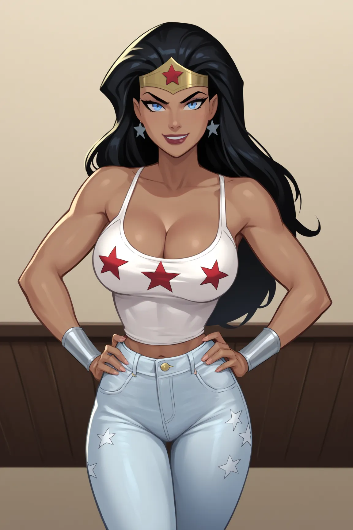 PonyXLV6_Scores BREAK ((parody), perfect anatomy, perfect eyes, cowboy shot), BREAK diana prince, long hair, black hair, blue eyes, lipstick, dark-skinned female, flirting, raised eyebrow, ((looking at viewer)), bare shoulders, cleavage, white tank top, wh...