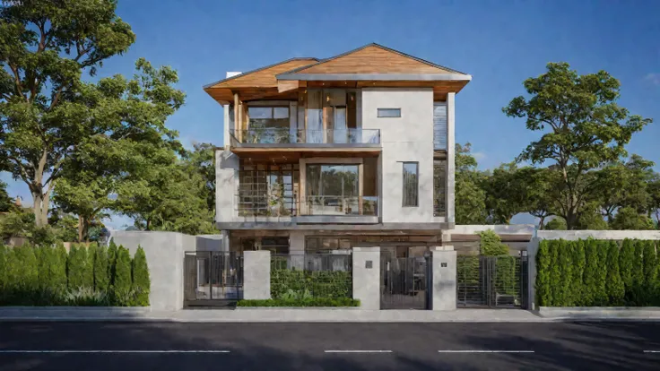 raw photo, masterpiece, high quality, best quality, super detail, exterior, outdoors, house style modern on the street, glass windows, gate, wooden ceilling, road, pavement, grass, trees, sky, cloud, (day1:1), vivid colour