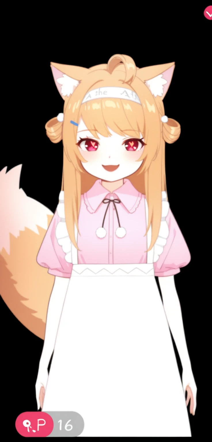 This character has an anime style, with a design inspired by a kawaii theme. Her hair is long, straight, and golden blonde, with strands framing her face. She has a distinctive fringe with a raised central lock that adds personality. She wears two low pigt...