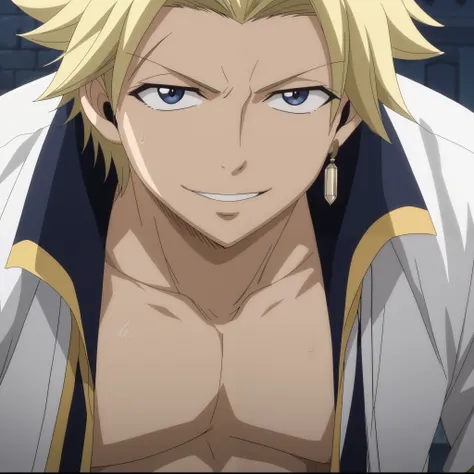 close-up, looking at viewer, score_9, score_8_up, score_7_up, source_anime, StingFT, Sting blonde hair, light yellow Sting, 1boy, male focus, anime screencap, a white men's jacket with black details, which fits his athletic figure. Underneath, he wears a b...