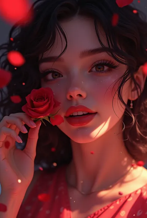 1girl, stunning goddess, close up portrait, smile, bit a rose sprig in her mouth, iridescence, dramatic angle, space, (floating colorful sparkles:1.3), Dramatic Lighting, Chiaroscuro, Evocative Depth, showered by rose petals, UHD