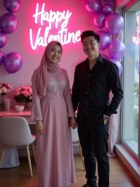  Full body photography A beautiful woman from Korea with a round and tall face,wears a pink long-sleeved cotton muslim dress and leggings,decorated with diamonds on a shiny shirt, wears hijab and bando and high heels, wearing a watch ,and two handsome men ...