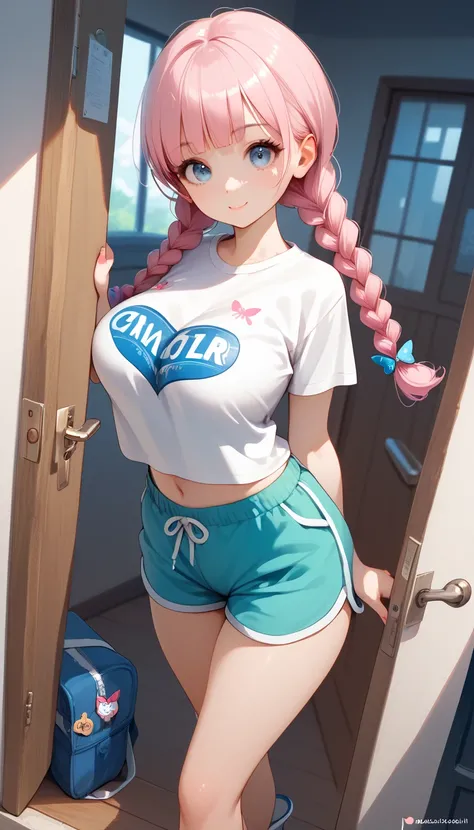 ((Busty Bitches)), score_9, score_8_up, score_7_up, source_anime, highly detailed, 1girl, ultra cute, ultra sexy, ultra curvy, ultra bouncy, ultra feminine, large breasts, ecchi, cutesy, the whore in the door, cute dolphin shorts, cute butterfly t-shirt, d...