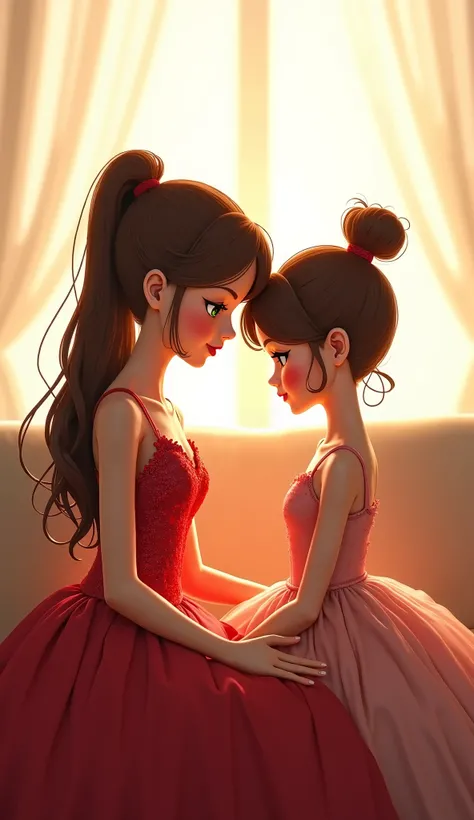 A very clear ultra hd animated image of "Rachel and a girl sit on a couch, their hands resting near each other but not touching. The silence between them is heavy but meaningful. One stares at the floor, the other out the window. No words are spoken, but t...