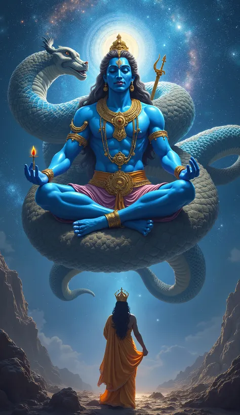 "A breathtaking digital painting of Lord Vishnu reclining on the cosmic serpent Sheshnag in a divine, celestial realm. His skin is deep blue, glowing with an ethereal aura, wearing golden jewelry and royal attire. His eyes are closed, radiating peace and s...