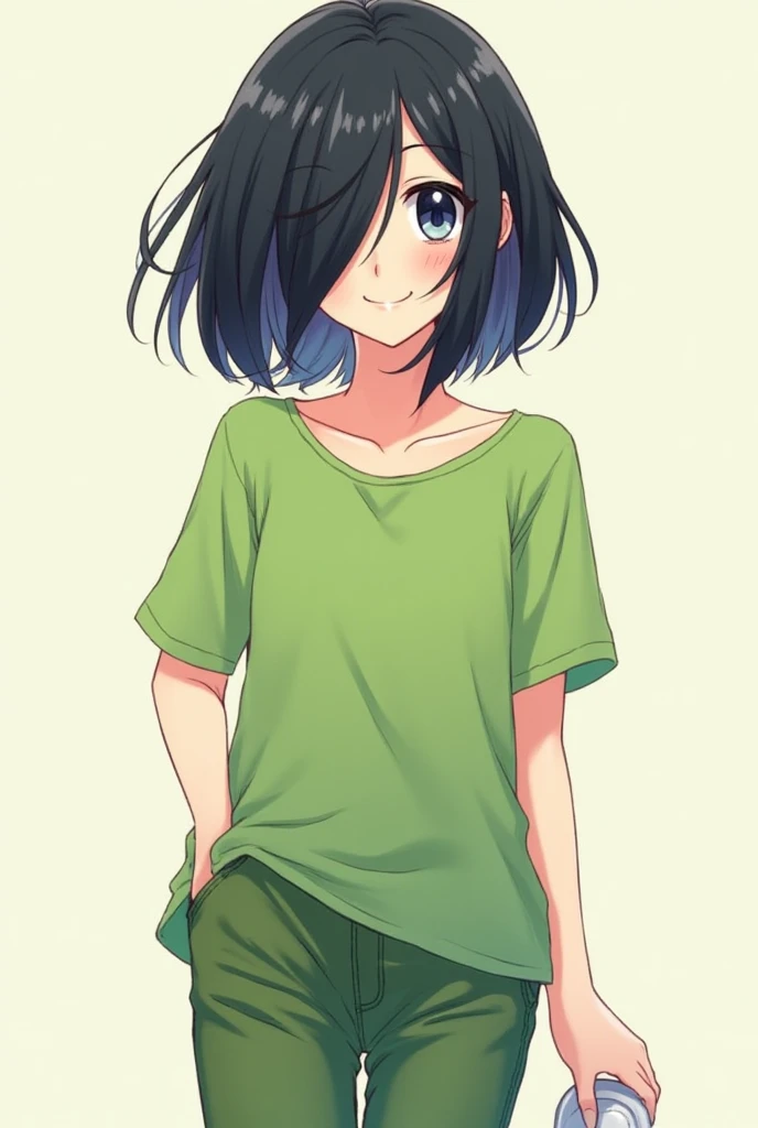 female anime light skin short black hair messy green shirt from the game of the squid green pants white shoes bangs that cover the eyes a smile for a profile picture