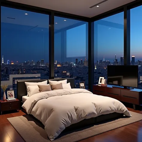 Create realistic images at night and with texture of a bedroom with a king size mattress on the floor against large floor-to-ceiling glass windows that offer a panoramic view of the city of Madrid. The mattress has a white duvet covering the entire mattres...