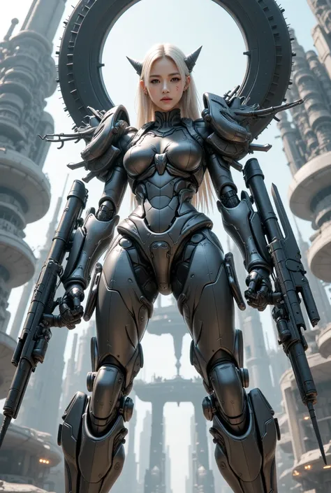 Top quality, masterpiece, highly detailed 8k wallpaper, female robot, mechanical joint limbs, the whole body is covered with heavy mechanical armor, connected cables, tubes connecting the body, long white hair, huge armor on both shoulders, huge thrusters ...