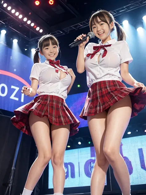  nsfw,  top quality、 masterpiece、 Super High Resolution 、( idol concert stage background)、 spotlight、 (realistic:1.4)、 RAW Photo、 perfect anatomy, very detailed skin、 physics-based rendering、(( 2 female middle school students line up wearing matching cloth...