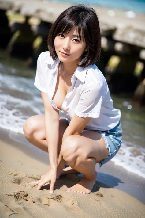 (ground level shot:1.2)、35-year-old Japanese woman with beautiful breasts and short black hair、whole body、 high image quality、 white shirt 、 glossy lips on the beach 、 crouches