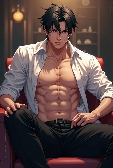 An alpha black haired milk skin male, chiselled body, hot body, wearing white unbuttoned shirt and black pants, sensually posing while sitting on a chair, masculine and charismatic, anime art