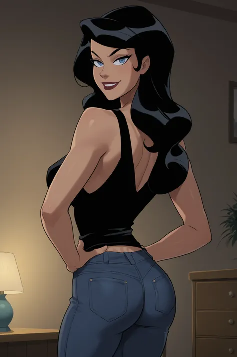 PonyXLV6_Scores BREAK ((parody) perfect anatomy, perfect eyes, cowboy shot), BREAK zatanna zatara, long hair, black hair, dark-skinned female, blue eyes, lipstick, flirting, raised eyebrow, ((looking back at viewer)), long hair, black tank top, black jeans...