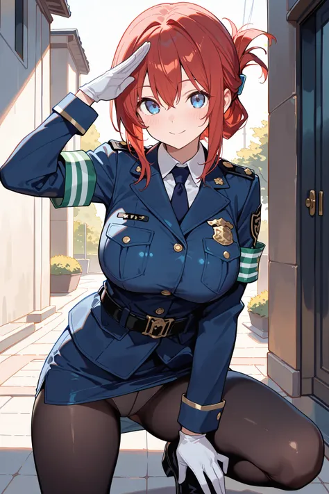 masterpiece,best quality,highres,aoi1,1girl,solo,red hair,folded ponytail,blue eyes,necktie,white gloves, police uniform,belt,black pantyhose,jacket,armband,large breasts,cowboy shot,standing,squatting,open legs,smile,salute,outdoors,panties under pantyhos...