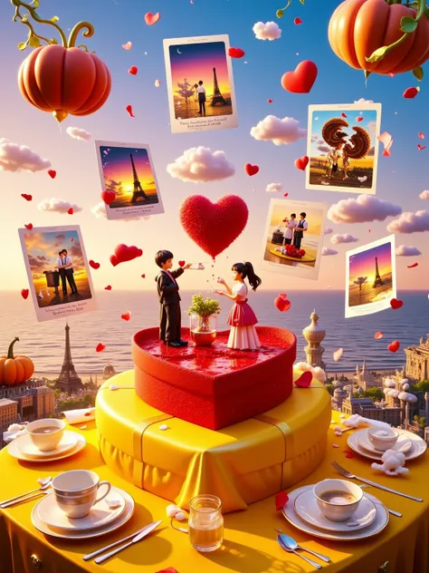 Food Art and Infinity Mirror House,  bright yellow table cloth full wave point tableware ,  lava cake cut to show heart-shaped mirrored chocolate,  sushi roll built-in miniature couple sculpture , Spoons reflection 《 self-melting 》 style multiplication str...