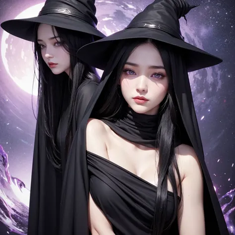 witch、woman、Age 25、 sensual body inside、 completely naked、 long black hair、 purple eyes、Naked with a black cloak、 white skin、Big witch hat、The hat covers the eyes、