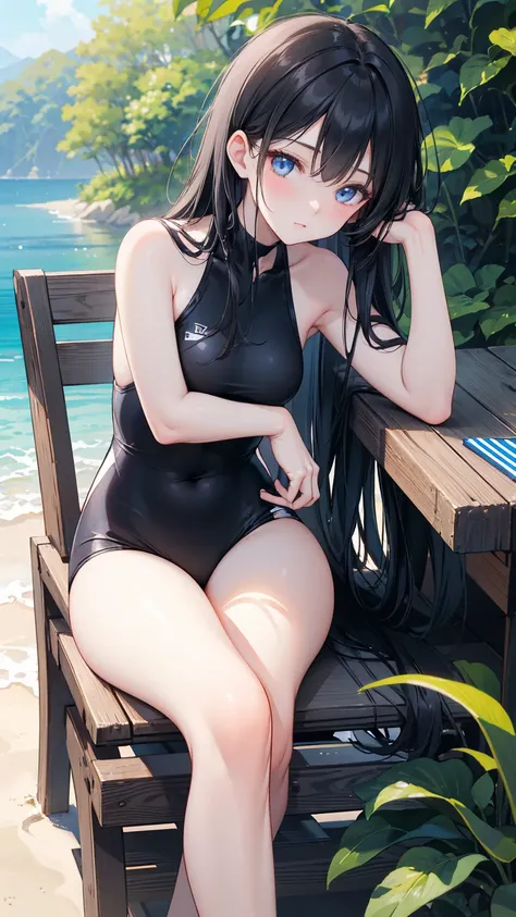  photos of long straight black hair , swimsuit,  blue eyes， Holding a soda , Relaxation posture, sit, review, HEALTHY SKIN , Outdoor scenery, Blue sky, Bright natural lighting ,  and the sun shines in from the top left, Warm and soft atmosphere, Side Angle...