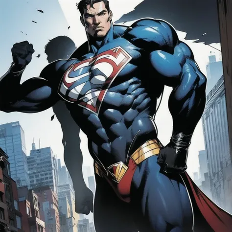 Art similar Jonh Buscema,1homem, short hair,cabelos blacks, blue eyes,  superhero ,  super realistic, virile, superman-style clothing,  look seriously, heroic pose,  resolution 4k, , Higher Sense, blacks, imposing