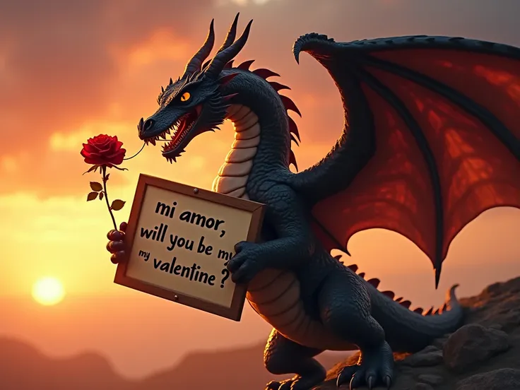 a black fiery dragon, soaring at sunset holding a rose in his mouth and a cute fancy board in his hands with this text written on the board 'mi amor, will you be my valentine ?' the text is clear on board. emphasis on text . serious handsome dragon. huge m...