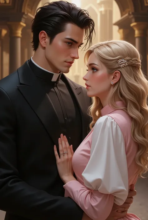 Couple, 28-year-old man, tall and strong, wearing a black priest's cassock, black hair thrown back, blue eyes, defined jaw and full lips, the woman is 25 years old, her eyes are amber in color, her hair is long, wavy and blond with a delicate pearl clip in...
