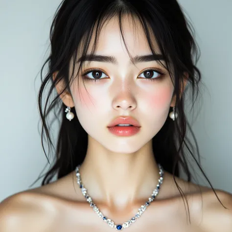 Ultra-fine， HD，Portrait of an extremely beautiful asian girl， facial portrait ，Clear skin texture，Double eyelids， big eyes，The left eyebrow is the same as the right eyebrow，((( with pearl earrings ， sapphire necklace ：1.5)))，(( front view))，Facial highligh...