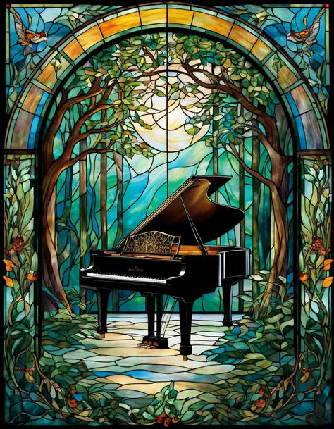 Imagine a stunning stained glass window featuring a grand piano and a violin as the centerpiece, surrounded by flowing musical notes that dance through a mystical forest. The instruments are portrayed in elegant poses, highlighted with vibrant colors that ...