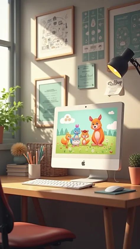 a meticulously organized desk, cute animated graphics