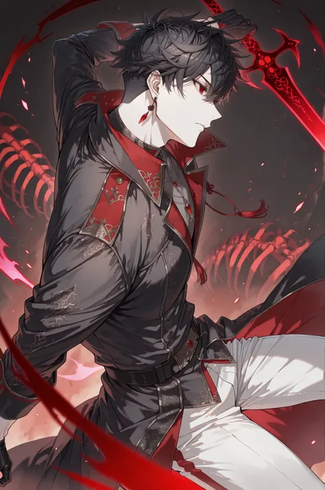 1boy, Kuroki Ren, red eyes, black hair, shor hair, single red earring, from above, from side, foreshortening, black gloves, Male Fantasy Clothes, black coat, white pants, cool, high fashion, closed mouth, holding sword, glowing red skeleton sword, energy, ...