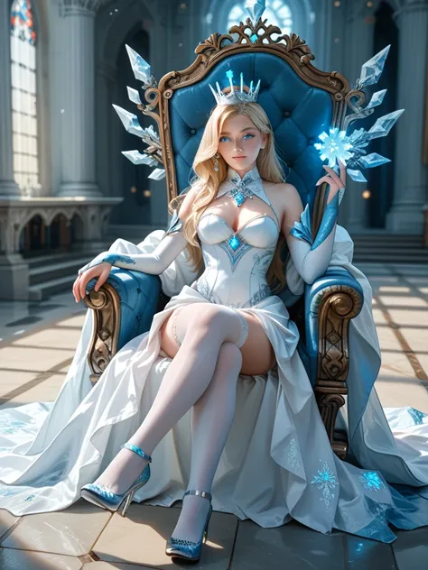 Woman (Frost), Pale Skin, Skin Glowing with Icy White Light, Long Blonde Hair, Icy Blue Glowing Eyes, White Dress with a long skirt, Ice Crown  with a glowing blue sapphire in the middle, Long White Elbow Length Bridal Gauntlets, White Stockings, Long Whit...