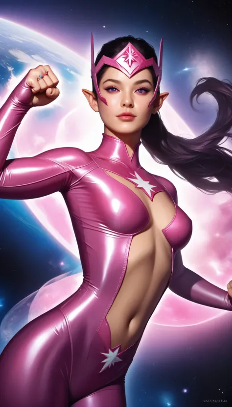 beautiful woman with small breasts, long black ponytail hair, pointy elven ears, looking at viewer, purple-colored eyes, photorealistic, body portrait, white high collar, wearing pink bodysuit, (exposed stomach), wearing pink headpiece that covers eyes, gl...