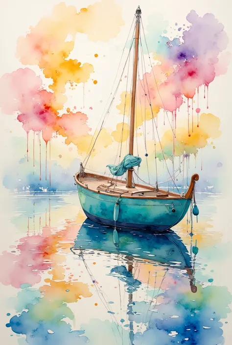 A serene impressionistic painting depicts a tranquil scene of a teal-colored sailboat anchored in calm water during sunset or sunrise, slightly off-center to the right. The boat's reflection creates a vibrant mirror image on the still surface, with colors ...