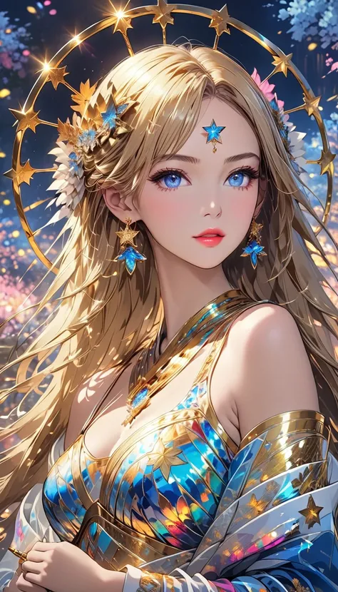 （ best image quality）， 1 beautiful woman，Queen style 、Goddess Style、 holding a scepter in one hand ，Beautiful golden eyes、Beautiful lips、 Perfect Face 、 long blonde hair 、（ perfect body），Precise facial expression depiction，whole body、青いstar空，star（Sparkling...