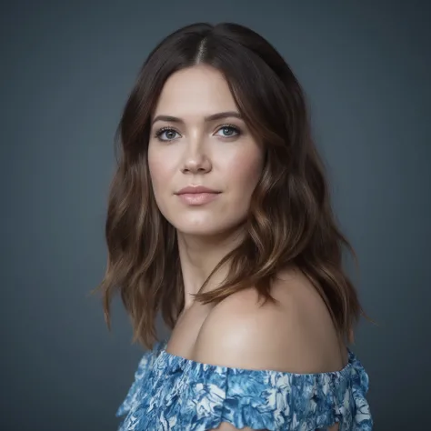 best quality, highres, 8k, masterpiece, photography, detailed midbody photorealistic portrait. Basking under soft blue light, Mandy Moore strikes a pose against a pastel blue backdrop featuring blooming flowers. Her attire includes a navy-blue lace bralett...