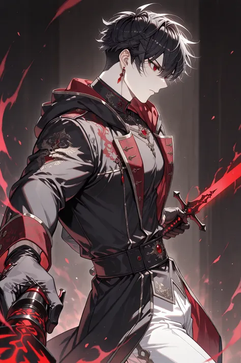 1boy, Kuroki Ren, red eyes, black hair, shor hair, single red earring, from above, from side, foreshortening, black gloves, Male Fantasy Clothes, black coat, white pants, cool, high fashion, closed mouth, holding sword, glowing red skeleton sword, energy, ...