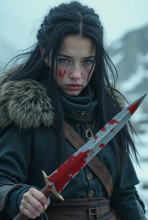  Create a Viking girl with long black hair, light blue eyes , pale skin and a dagger with red liquid,  who is scared and has a splash of red liquid on her face