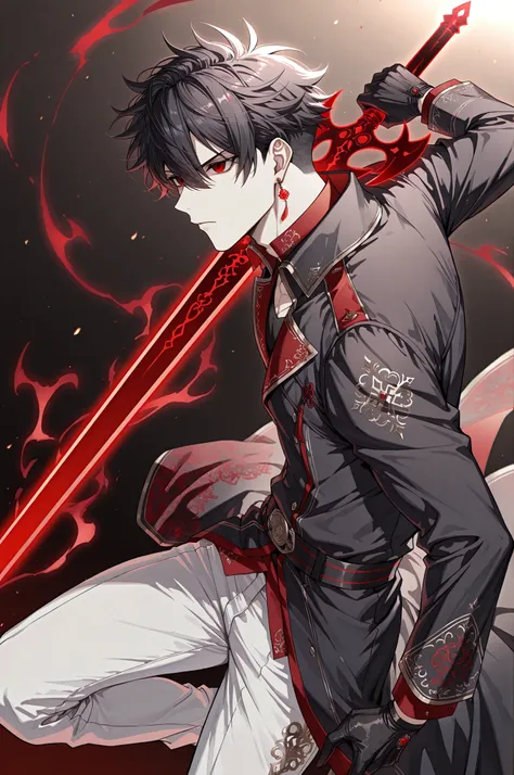 1boy, Kuroki Ren, red eyes, black hair, shor hair, single red earring, from above, from side, foreshortening, black gloves, Male Fantasy Clothes, black coat, white pants, cool, high fashion, closed mouth, holding sword, glowing red skeleton sword, energy, ...