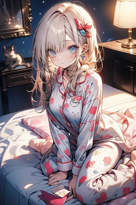 's greatest masterpiece、 's greatest masterpiece、8k、  anatomically correct、  The Cutest Beautiful Girl in the World  、  Detailed and clear face and eyes 、smile、 cute cat pattern pajamas、Lie down on a big bed、Faint lighting、 cheeks、 love letter