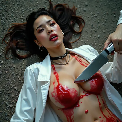 Gorgeous asian woman, with ponytail, hoop earrings, choker, huge oversized perky breasts that have red liquid covering her nipples that barely covers her breasts with white lab coat over it that's been ripped open. She is lying on her back of floor of grav...