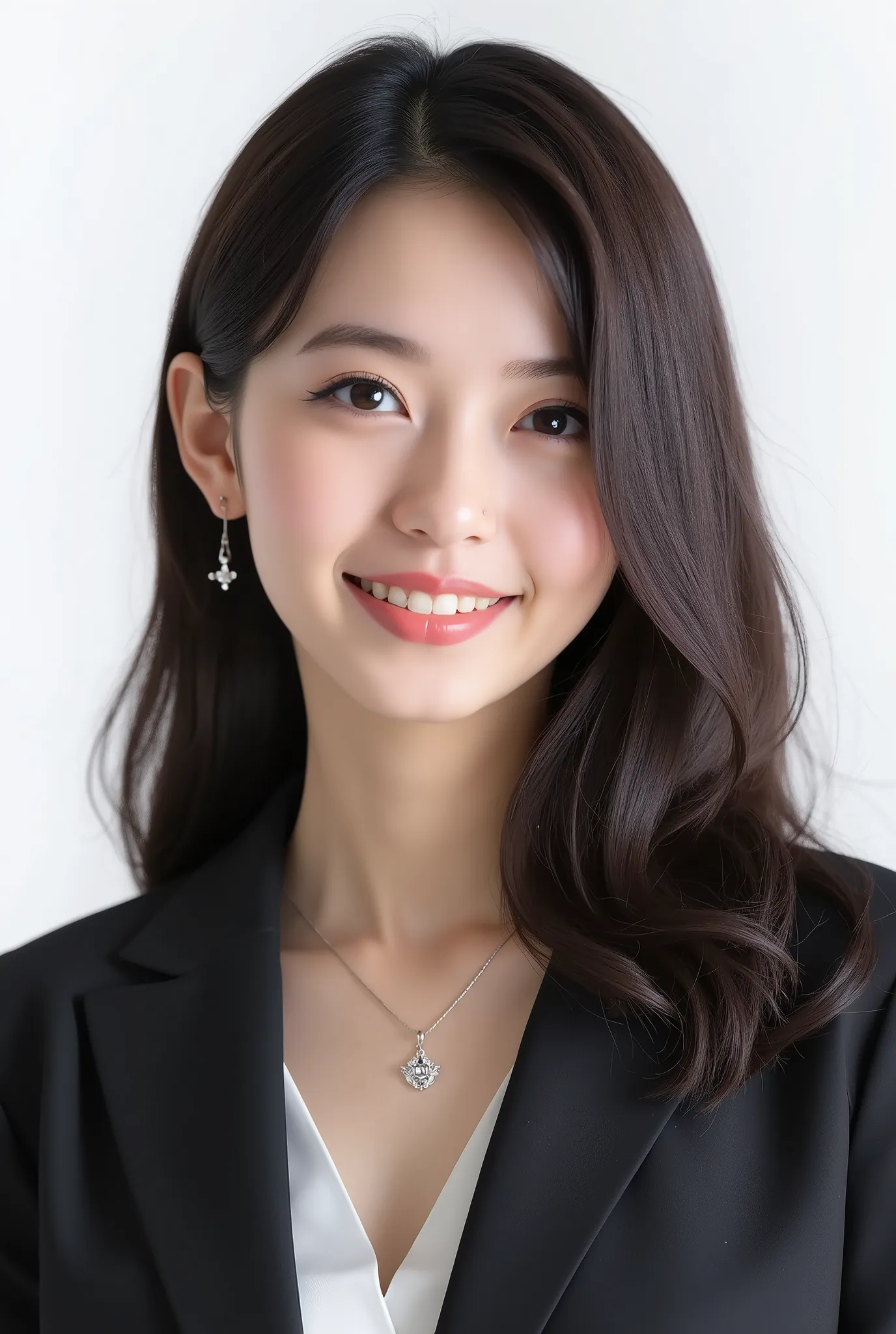 Beautiful Japanese Woman 、、 She is wearing an office lady suit、濃いeyeshadow 、Hairstyle medium long、、ダークbrown hair 、ear piercing、 smile showing teeth、 necklace、 white backgr SeaArt