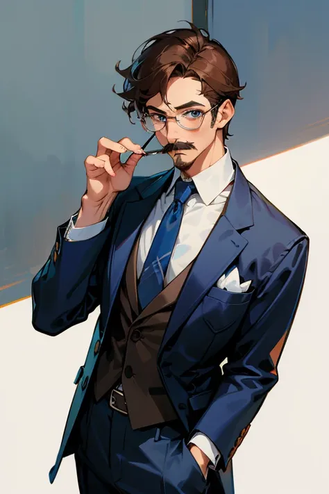 cool guy，Boy student，college aged，Extremely handsome，short detailed brown hair，brown moustache, brown goatee, blue eyes, glasses, Business suit，trousers，Slip pocket，A high resolution，Need，フォトリアリスティック，Realist，Real