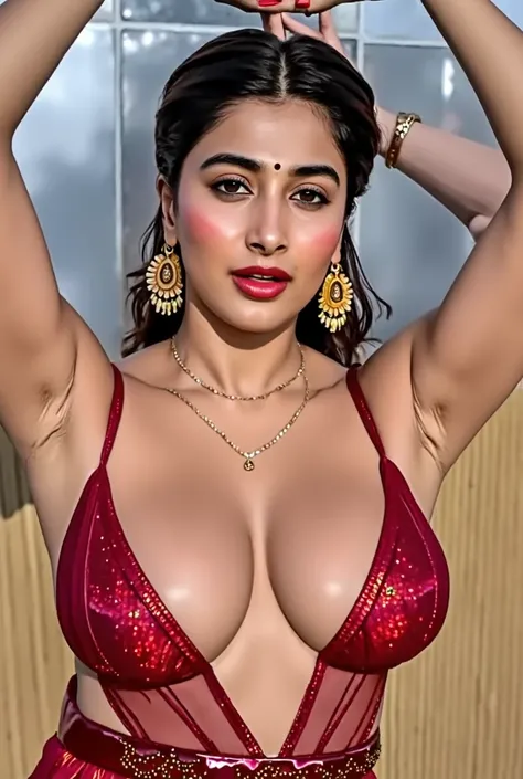 Indian beautiful woman sexy alluring face bhabhi, Mouth slightly open,Kajal in eyes, heavy mascara,Giving sexy look to viewer's,big long earrings,(( Wearing sleeveless bikini blouse)),Medium size mole on breast and armpits,Both hand's stretched up above th...