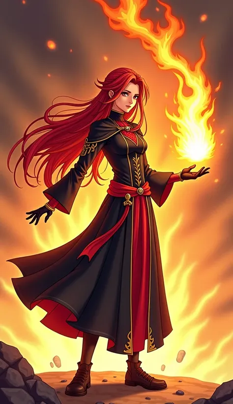 [Anime] a person with a fire ball in their hand, fire mage, fire!!  full body, Long Red Hair, Half-summoning half-Megumin ,  Complete portrait of the Elementalist, JRPG Character, Skinny male wizard , maya there as a lightning mage, JRPG Character art,  an...