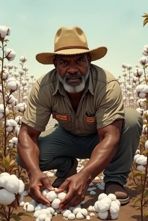 Guy with name tag "vontae" picking cotton make the name tag visible 