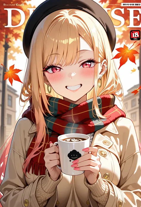 Marin Kitagawa, long hair tucked into a soft wool beret, blonde hair, light pink ombre hair, red eyes, earrings, multiple ear piercings, gold buttoned beige coat over a warm knitted brown sweater, relaxed plaid scarf, delicate gold hoop earrings, holding a...