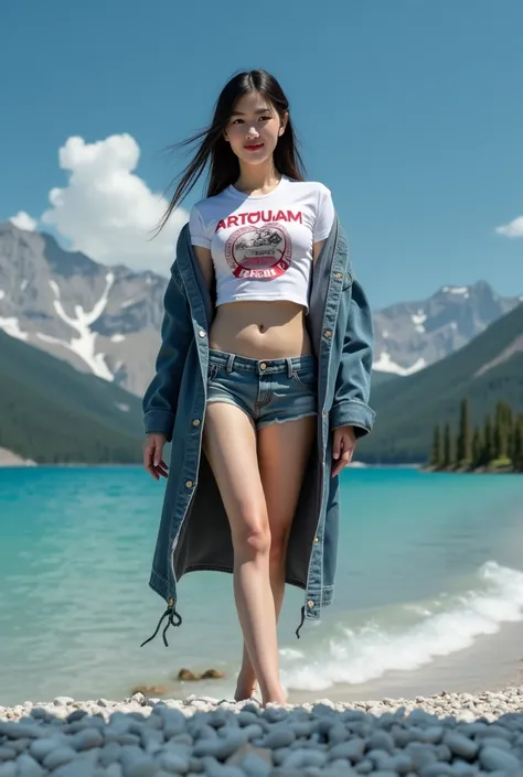  3d 8k photo taken with high quality camera, Portrait of a young Asian girl with a round face,  seductive smile,  sexy in various poses , Open legs,  Exciting action , Outdoor on the mountain,  among cannabis plants  ,  Wear a small, tight-fitting red T-sh...