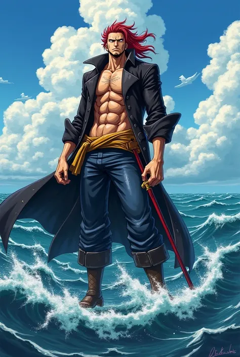 Create shanks a red hair pirate from one piece anime baddest image  in amine style 