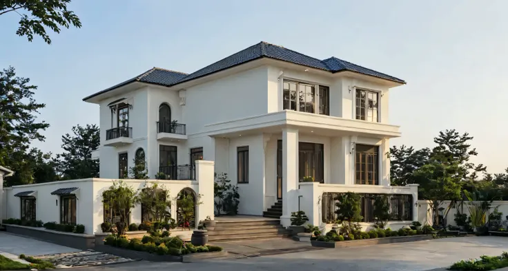 (masterpiece:1.2), best quality, photo of A two-story modern house in VietNam with dark tiles on the roof., dark granite tiled wall, neo classic detail, tree and plant environment,daylight, streetcapes, natural light, vivid color, The exterior of an elegan...