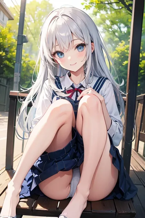  Silver Hair, girl, sit with legs open ,underwear, long hair, smiles,  blue eyes,Outdoors,front